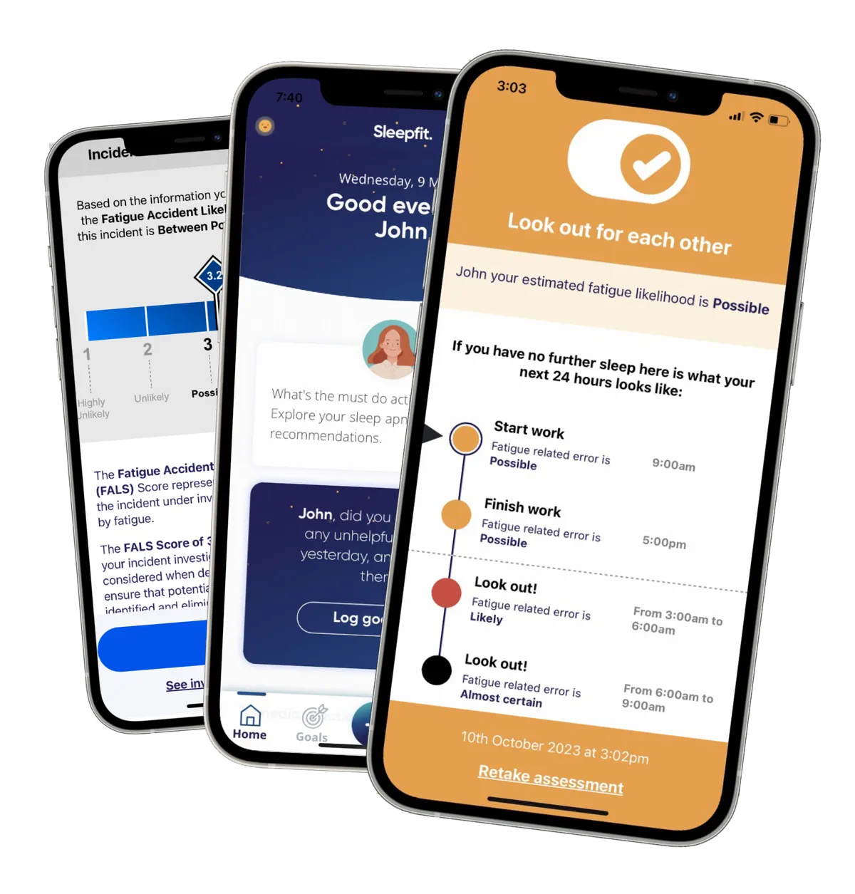 The Sleepfit app on three phones: an incident’s Fatigue Accident Likelihood score, the home screen, and a 24-hour fatigue forecast.