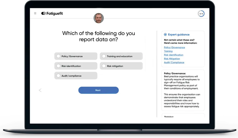 The Fatiguefit risk assessment on a laptop: which areas do you report data on, with expert guidance on policy, training, risk identification, mitigation and audit.
