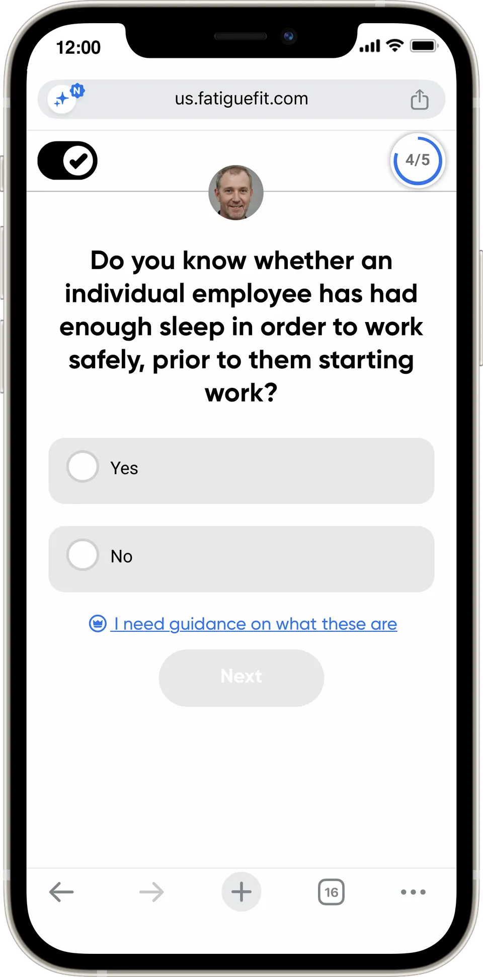 A risk assessment question on a phone: do you know whether an employee has had enough sleep to work safely before starting work?